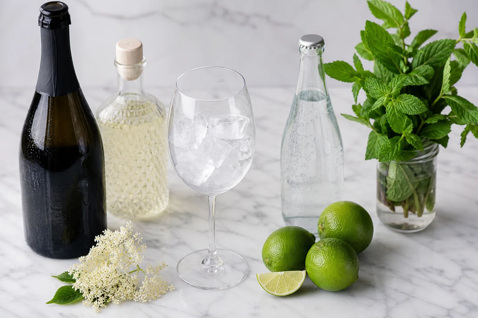 Hugo spritz ingredients including prosecco elderflower liqueur fresh mint limes and soda water on a marble counter