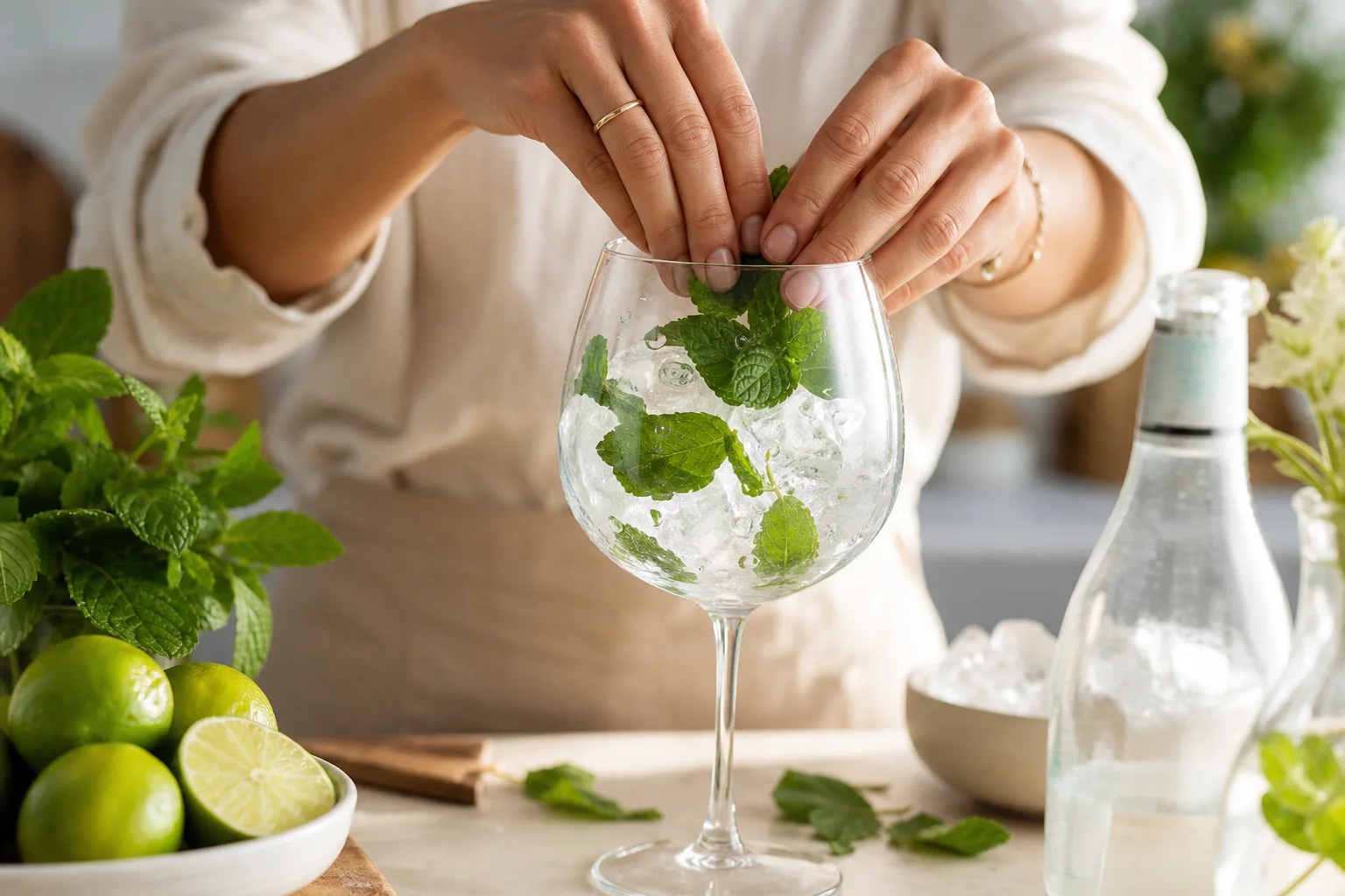 Fresh mint leaves gently muddled with ice in a large wine glass for Hugo spritz cocktail prep
