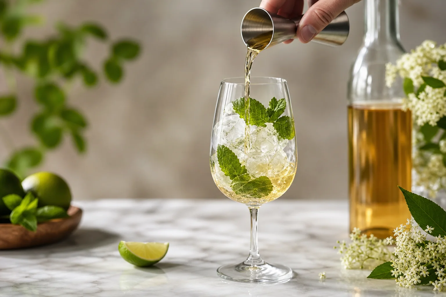 Elderflower liqueur and lime juice poured over ice and mint in a wine glass for Hugo spritz