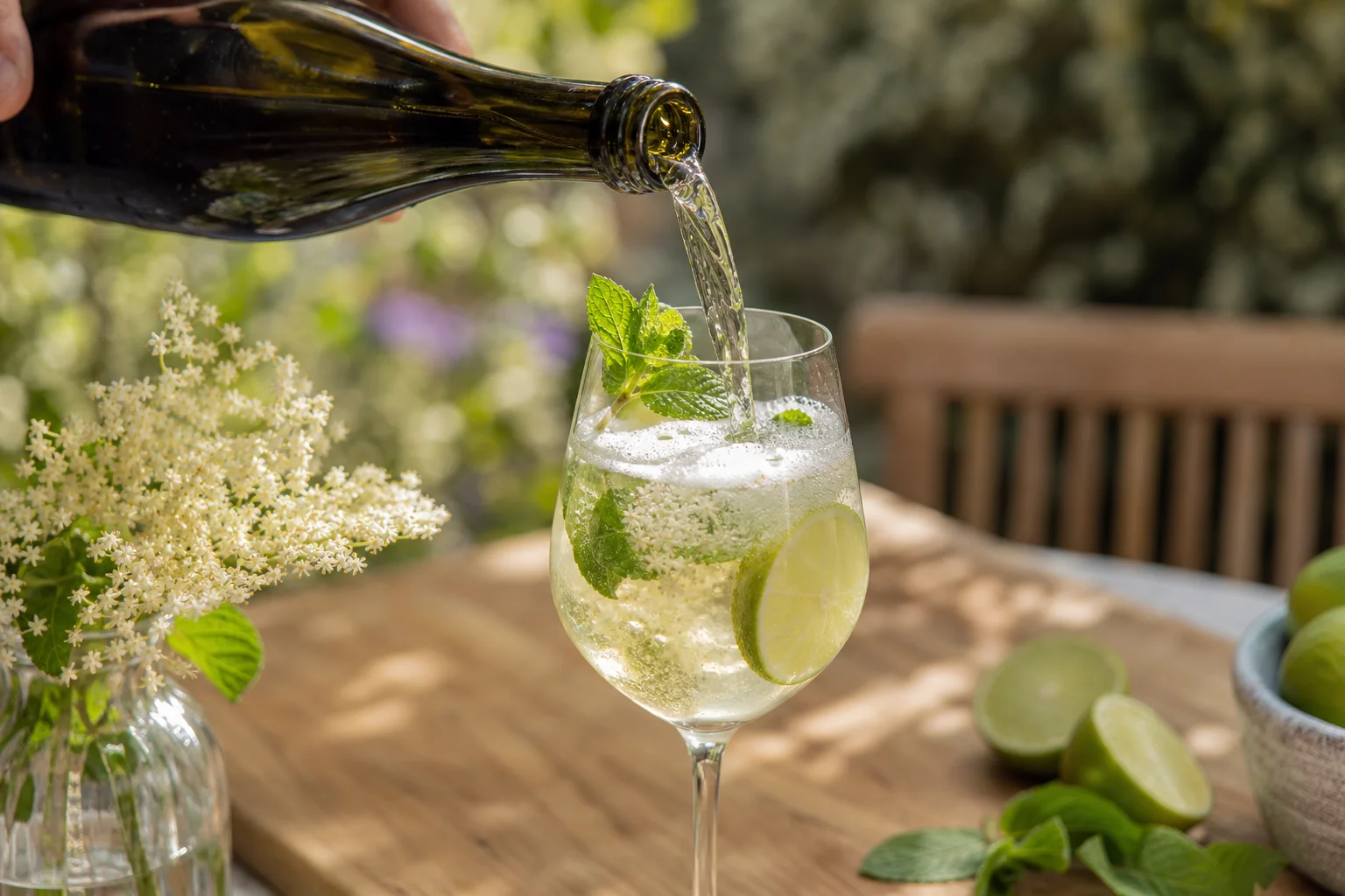 Chilled prosecco being poured into a Hugo spritz glass with mint lime and elderflower