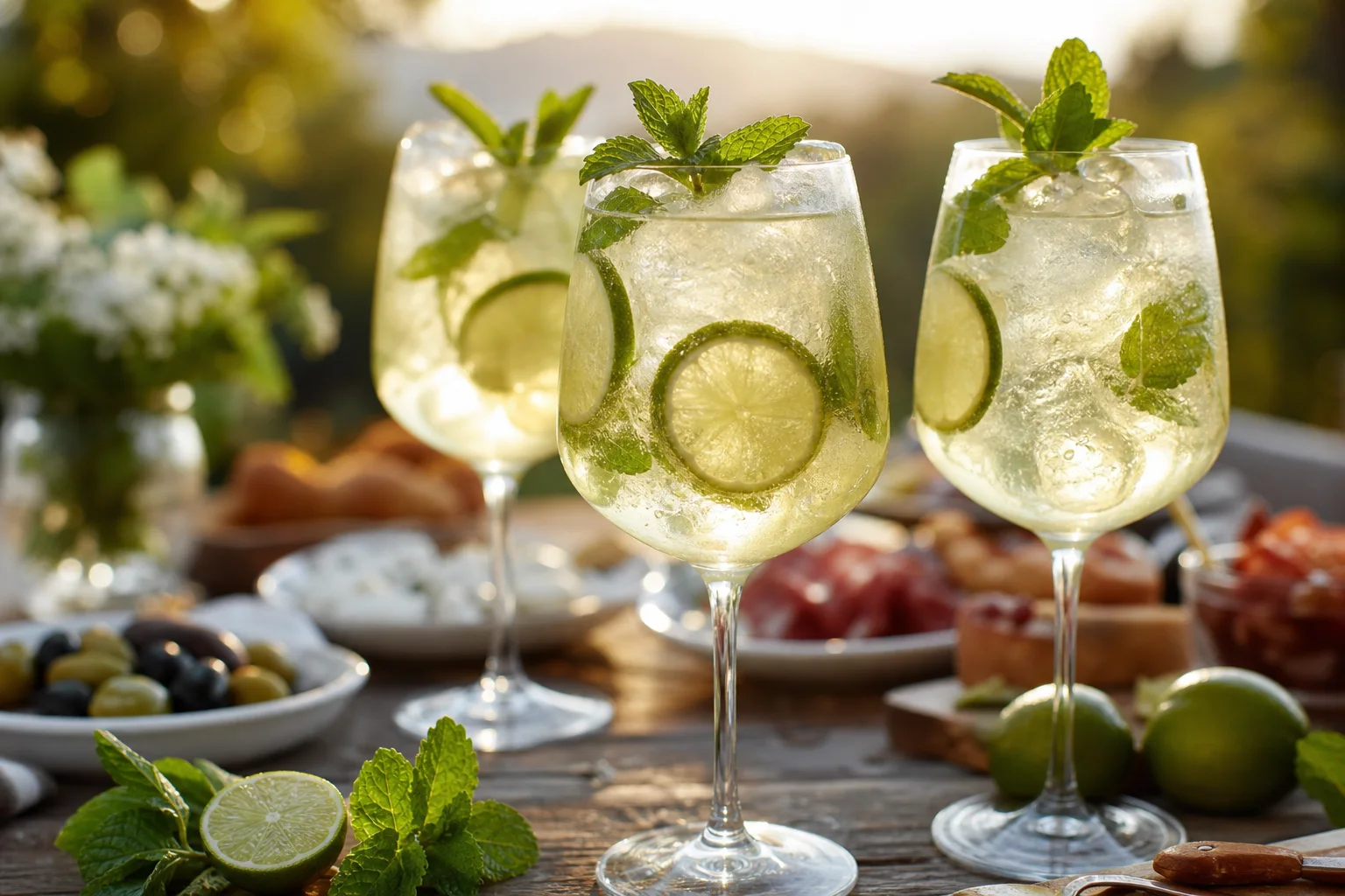 Finished Hugo spritz cocktails garnished with mint and lime served on an outdoor summer dinner table