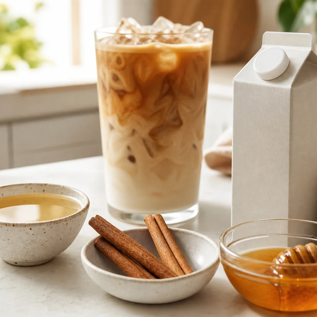 Oat milk, vanilla syrup, and cinnamon for customizing iced coffee