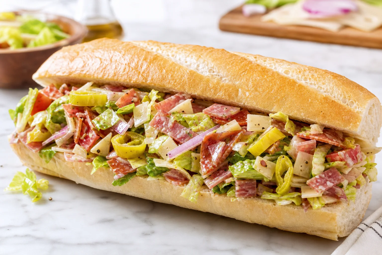 Italian chopped sandwich TikTok grinder with salami pepperoni provolone lettuce and Italian dressing on a hoagie roll