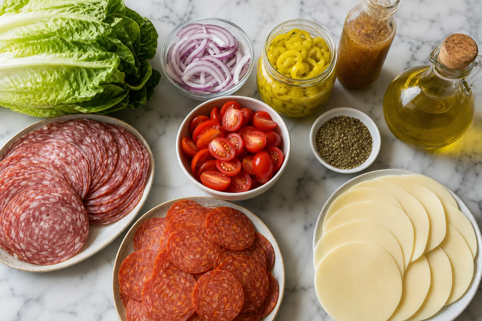 Italian chopped sandwich ingredients including salami pepperoni provolone lettuce banana peppers red onion and Italian dressing