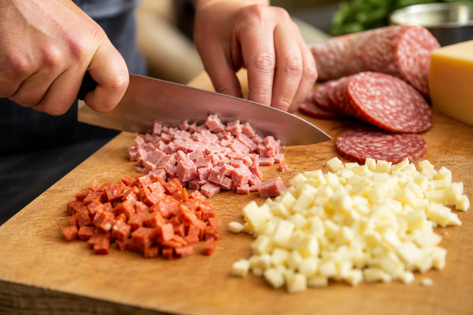 Chopped salami pepperoni and provolone cheese on a wooden cutting board for Italian chopped sandwich recipe