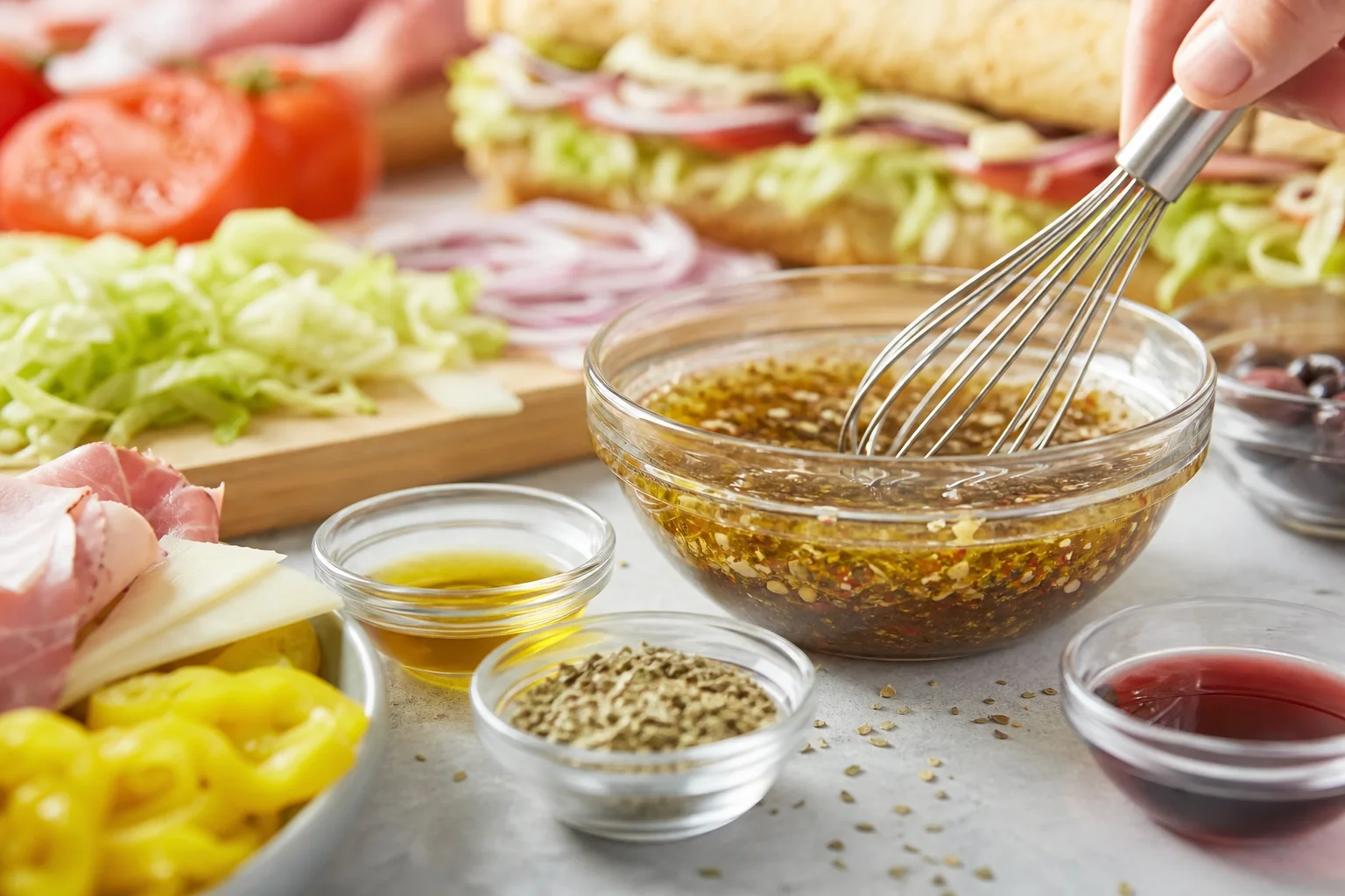 Italian dressing with oregano and red wine vinegar whisked in a small glass bowl for chopped Italian sub recipe