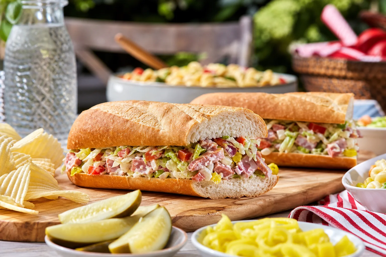 Italian chopped sandwich TikTok grinder served on sub rolls with potato chips on a summer picnic table