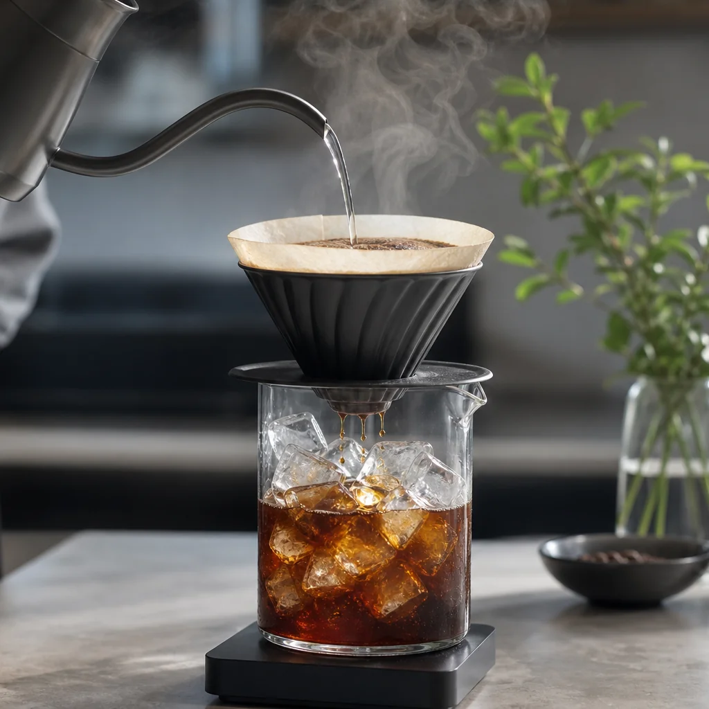 Japanese iced pour-over coffee dripping into a glass filled with ice