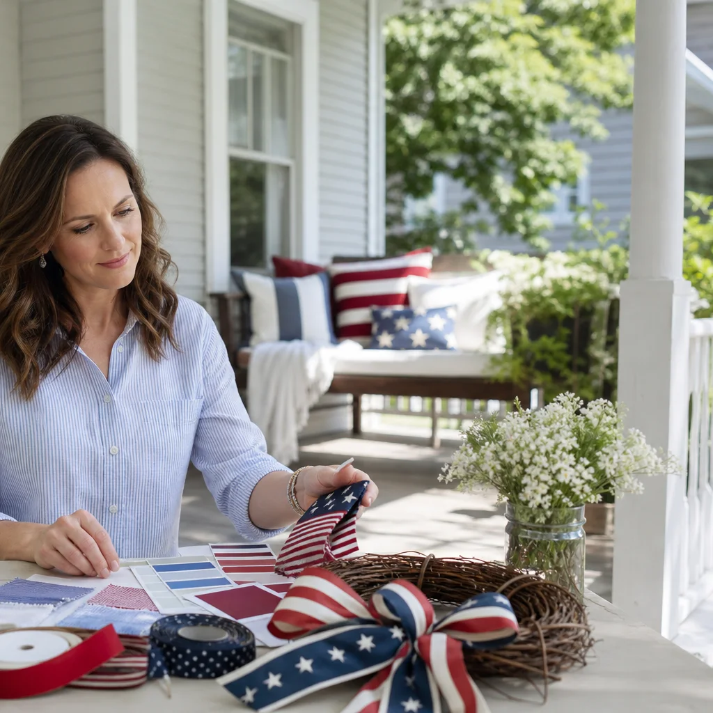 Planning Fourth of July porch decor with wreath ribbon flag swatches and patriotic color palette on a summer front porch