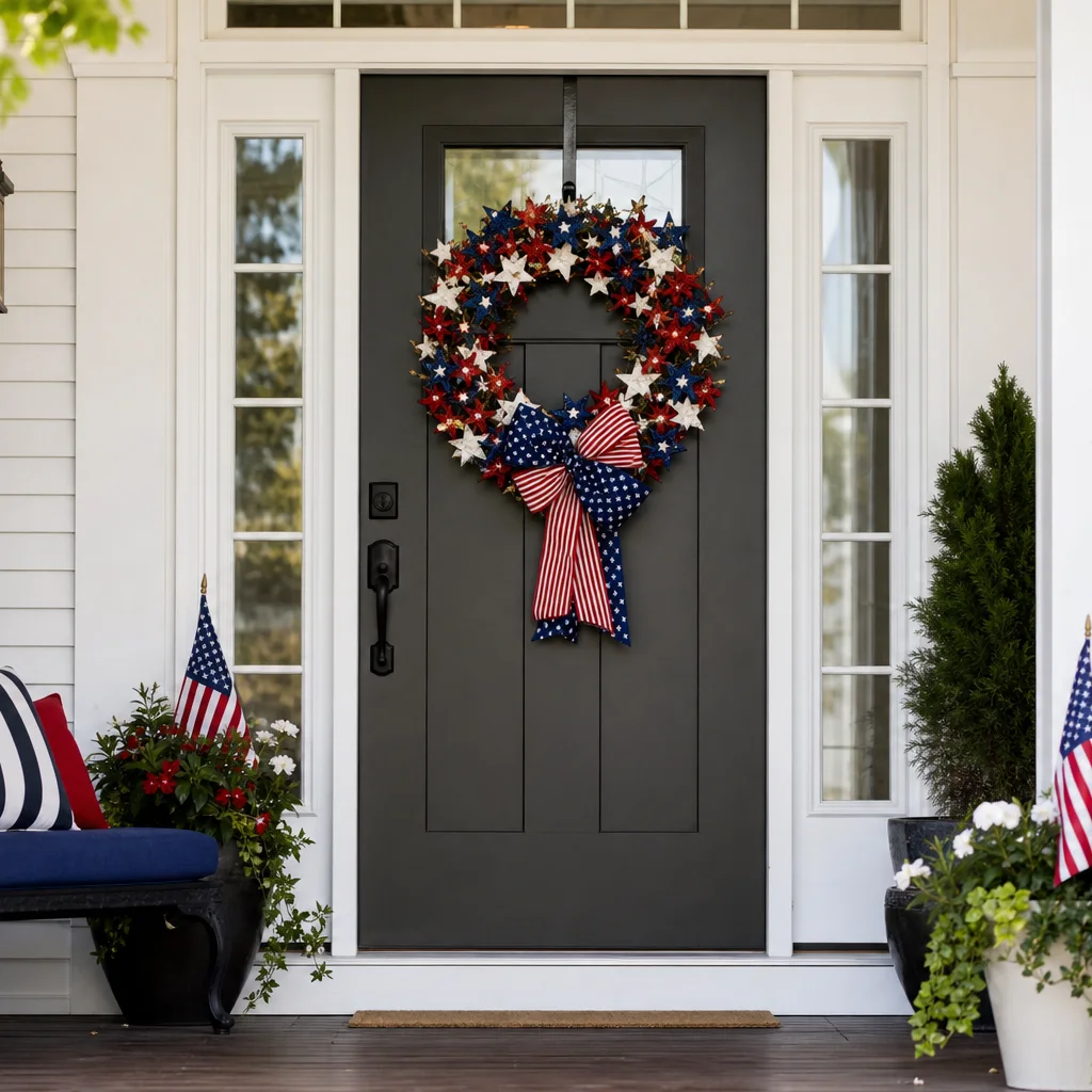 Fourth of July porch decorating idea with red white and blue wreath on front door