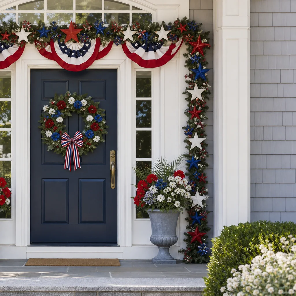 Patriotic garland with stars and bunting around a Fourth of July front door
