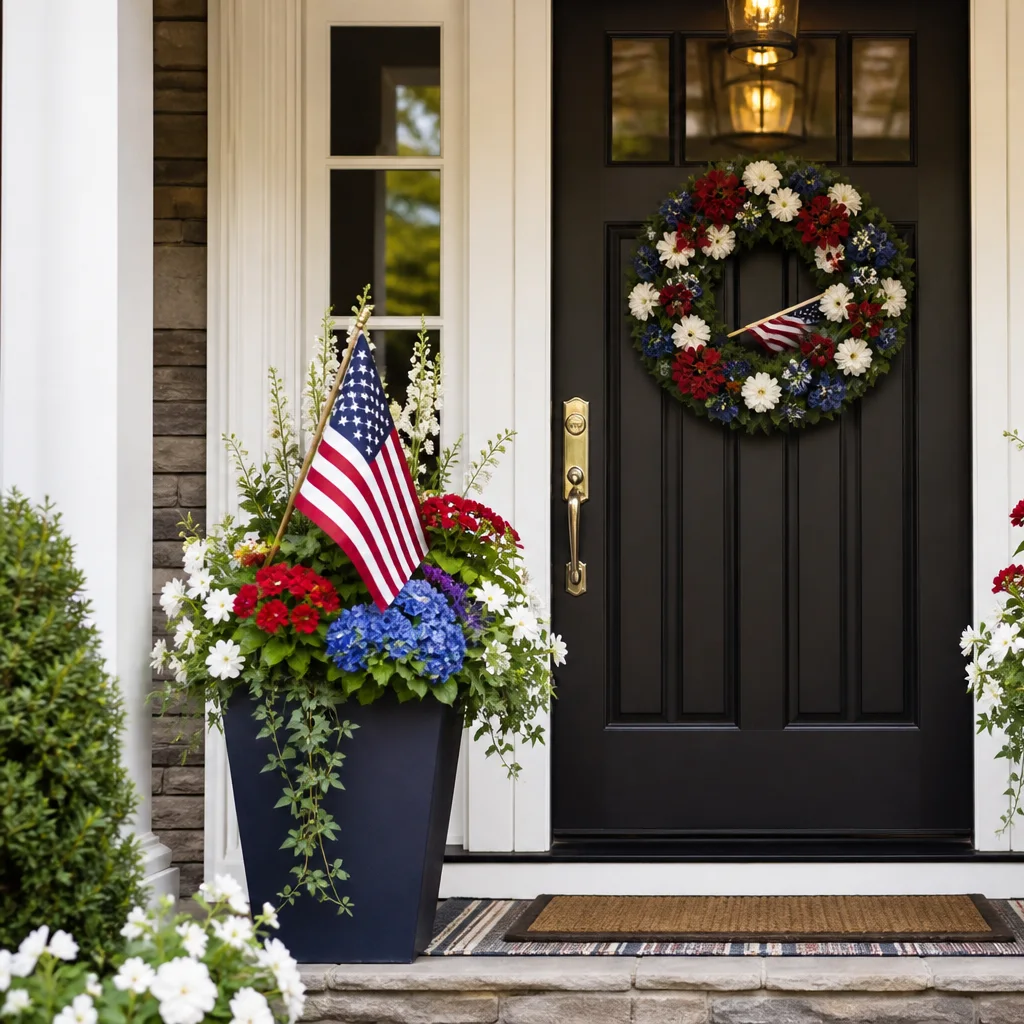 Symmetrical Fourth of July porch planters with flags and patriotic flowers