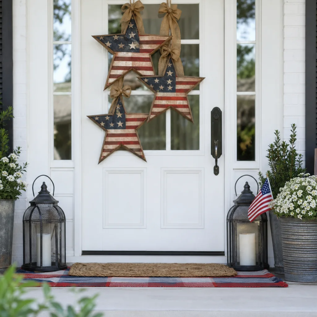 Farmhouse Fourth of July porch with burlap bows and star decorations on door