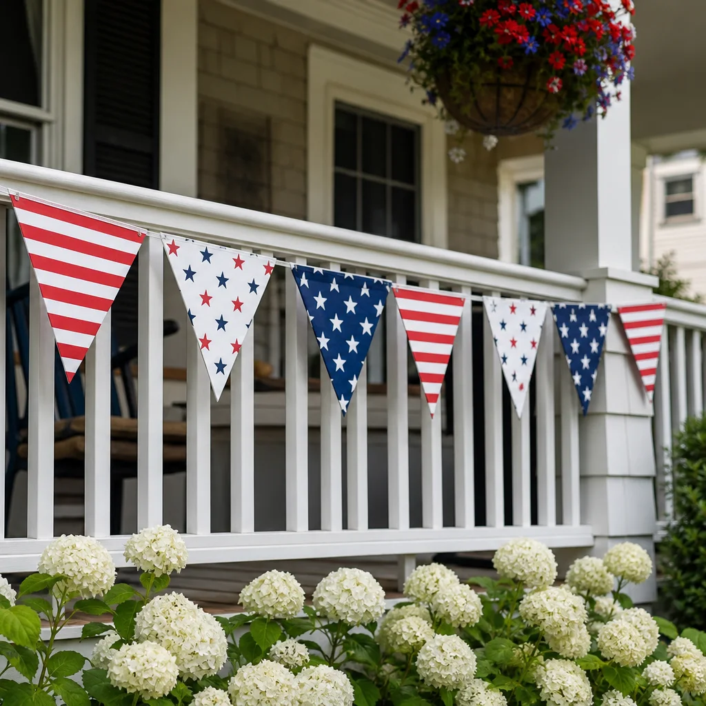 Fourth of July porch bunting banner across front entry railing