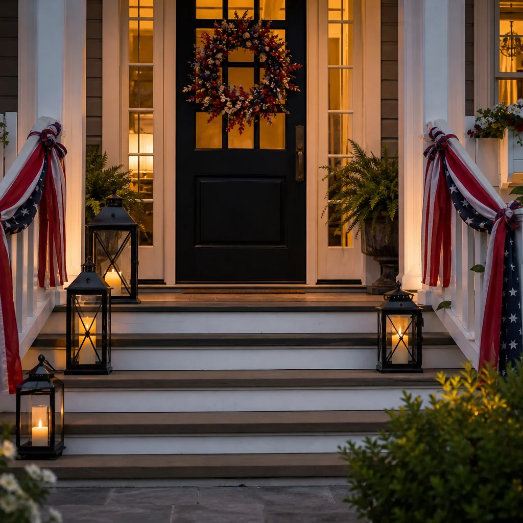 Fourth of July porch steps with lanterns and red white blue ribbon