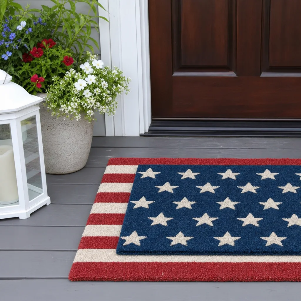 Layered Fourth of July doormats with stars and stripes at front entry