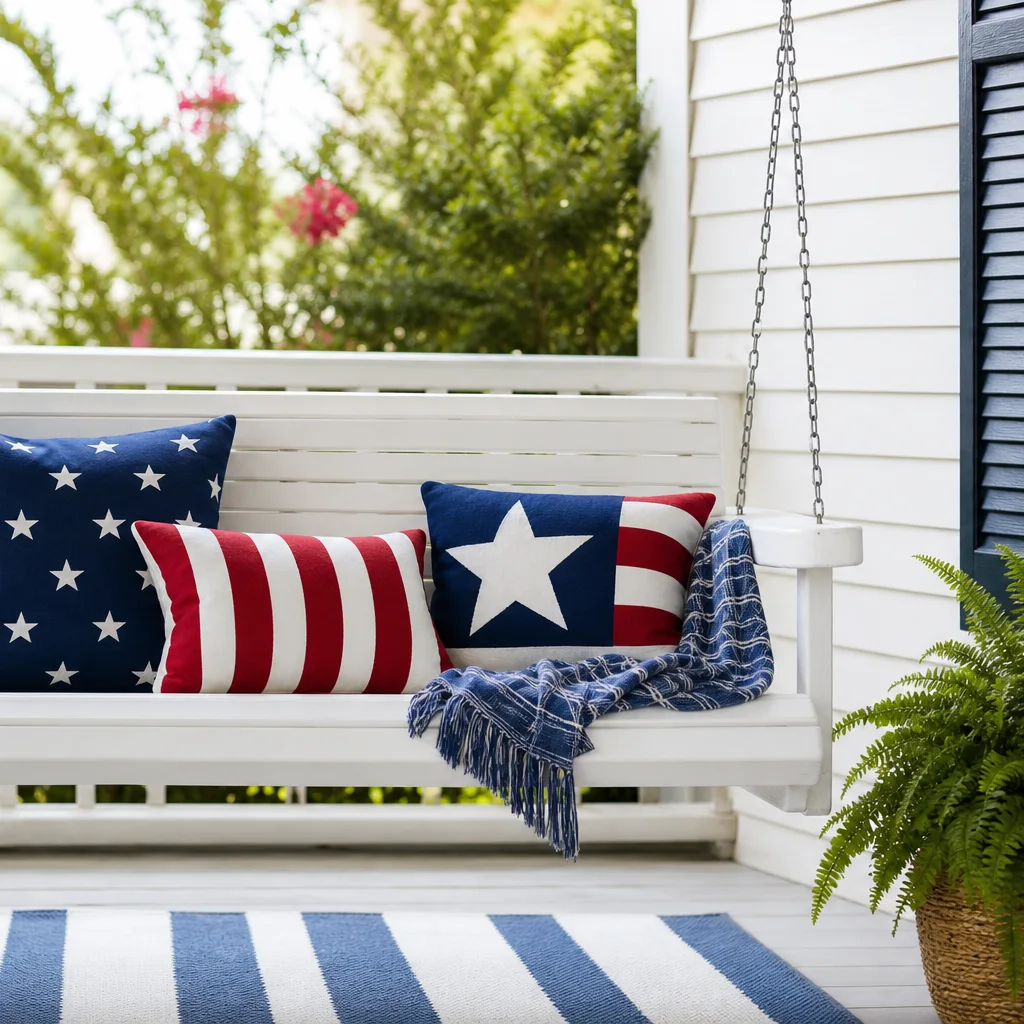 Fourth of July porch bench with star spangled patriotic throw pillows