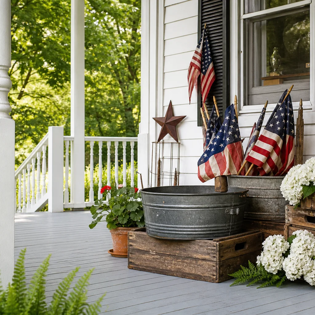 Vintage Americana Fourth of July porch decor with crates and antique accents
