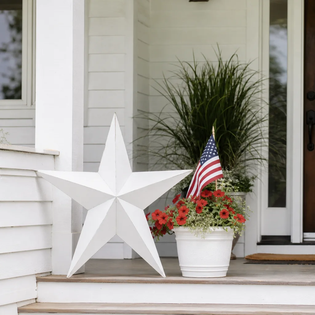 Oversized wooden star decoration on Fourth of July front porch