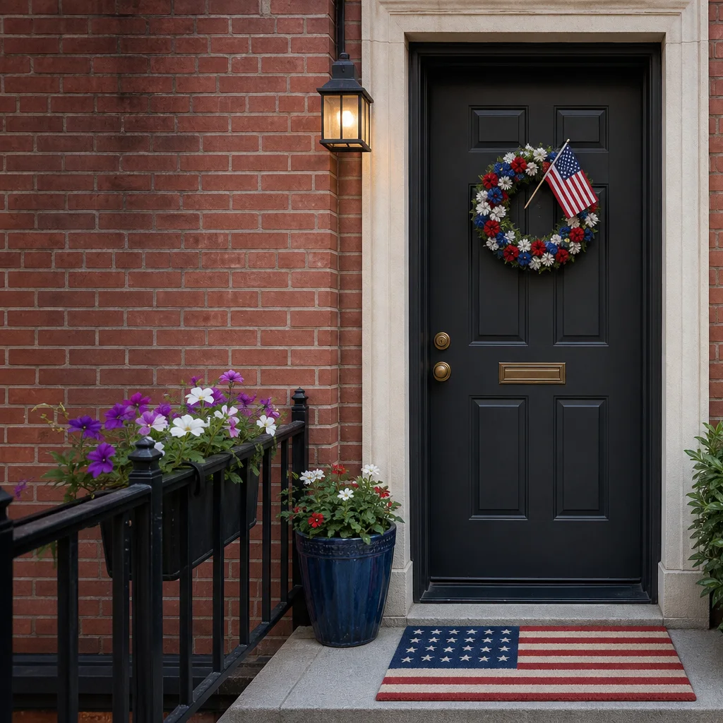Compact Fourth of July apartment door decor with wreath and mini flag