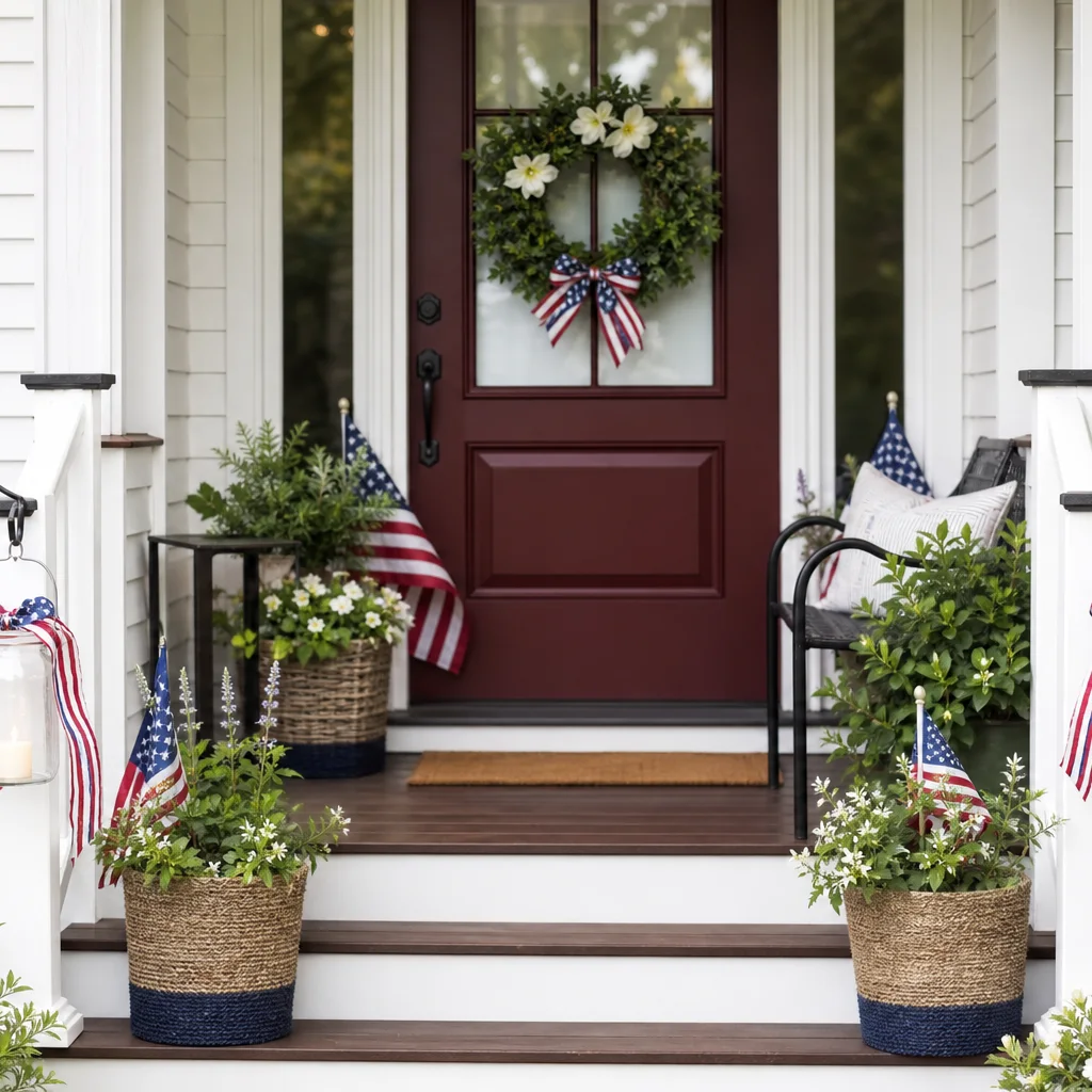 Budget friendly Fourth of July porch decorating with DIY ribbon and flags