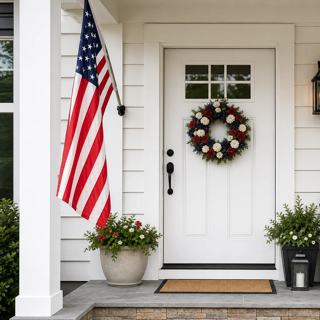 Minimal modern Fourth of July porch with simple wreath and clean red white blue accents
