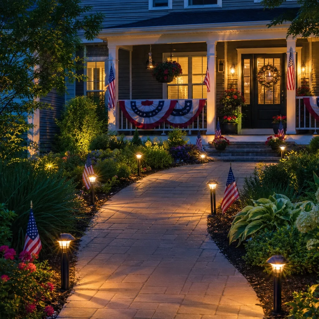 Lighted Fourth of July walkway leading to decorated patriotic front porch