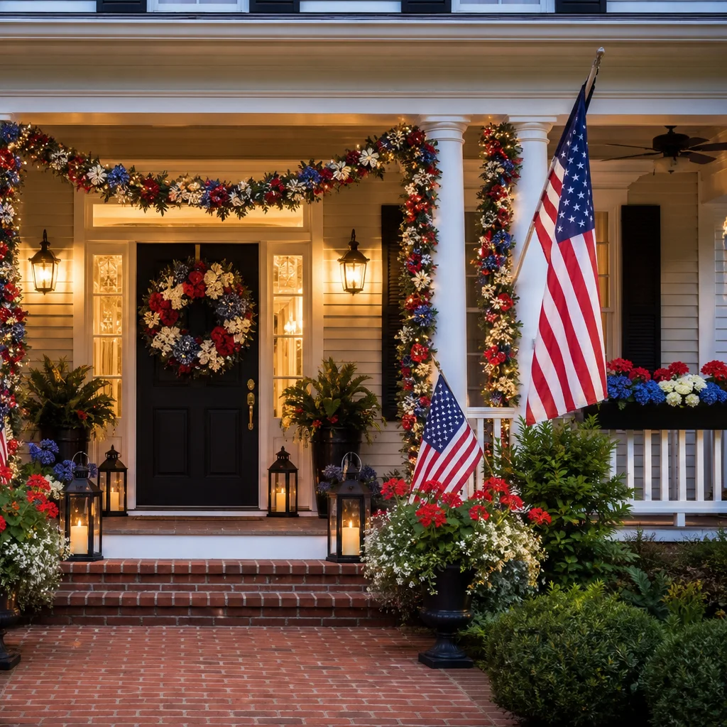 Full Fourth of July porch display with wreath garland flags planters and lights