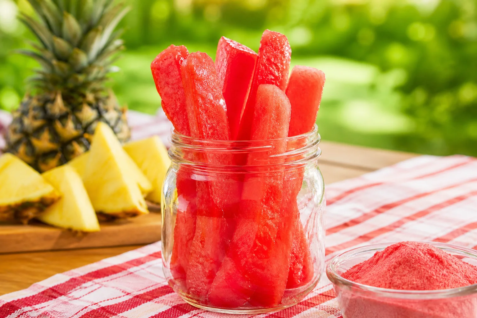 Vibrant red Kool-Aid pineapple spears in a glass mason jar with extra powder for dipping on a sunny summer table