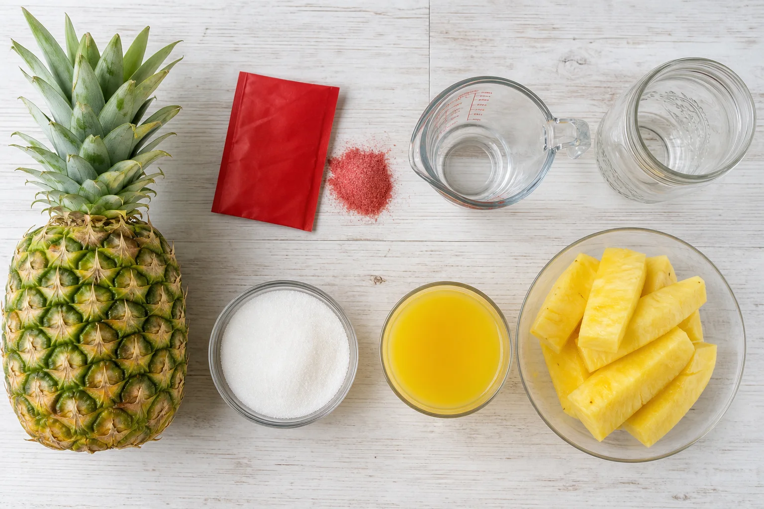 Kool-Aid pineapple spears ingredients including fresh pineapple cherry Kool-Aid packet sugar pineapple juice and mason jar