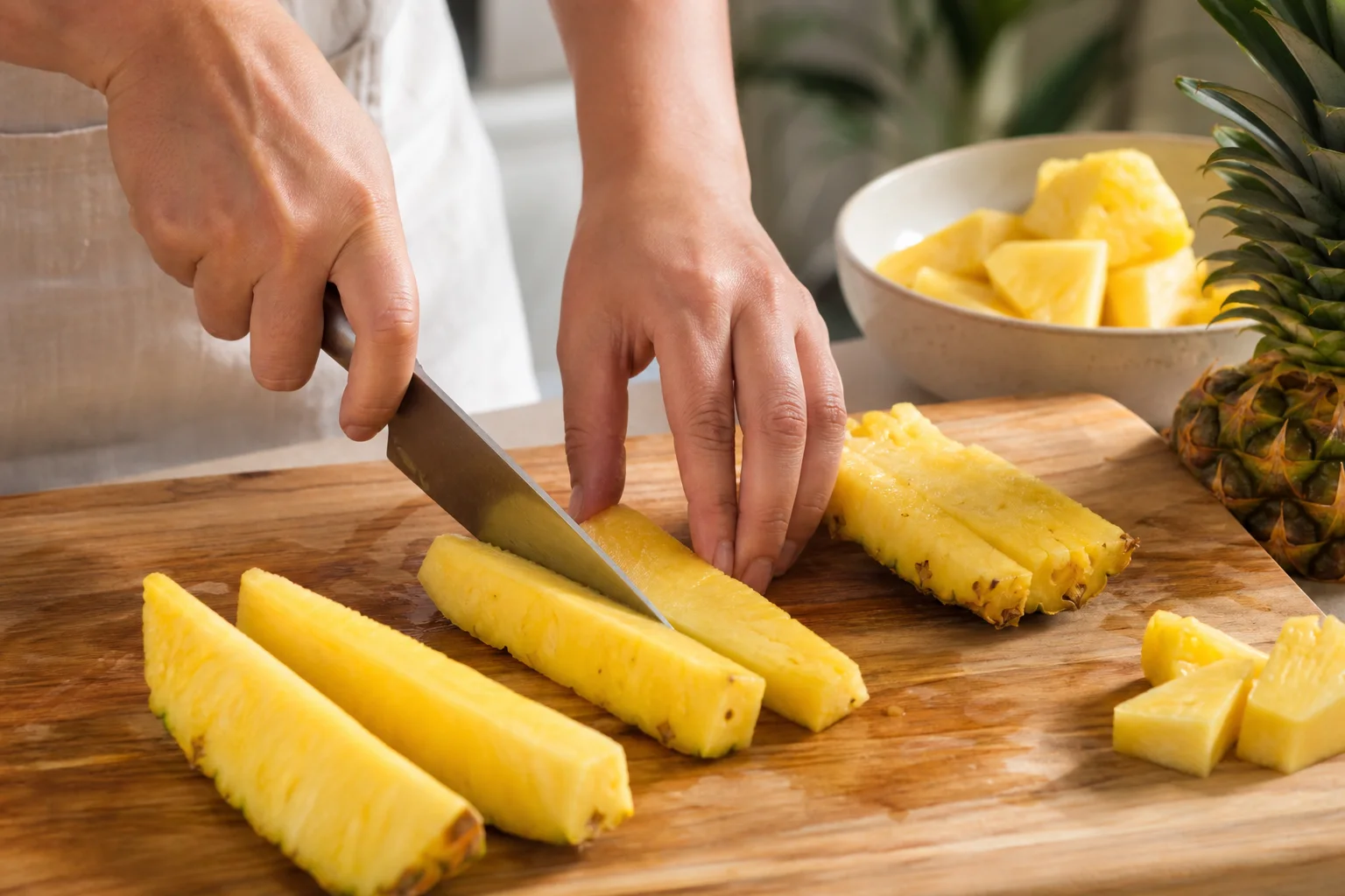 Fresh pineapple being cut into long spears on a wooden cutting board for Kool-Aid pineapple recipe
