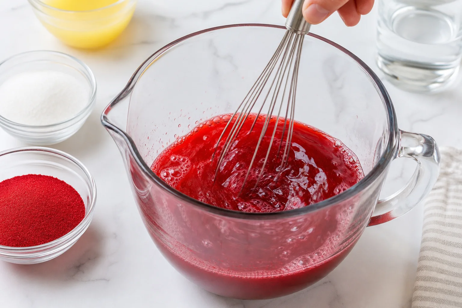 Cherry Kool-Aid powder sugar water and pineapple juice being whisked together in a glass measuring cup