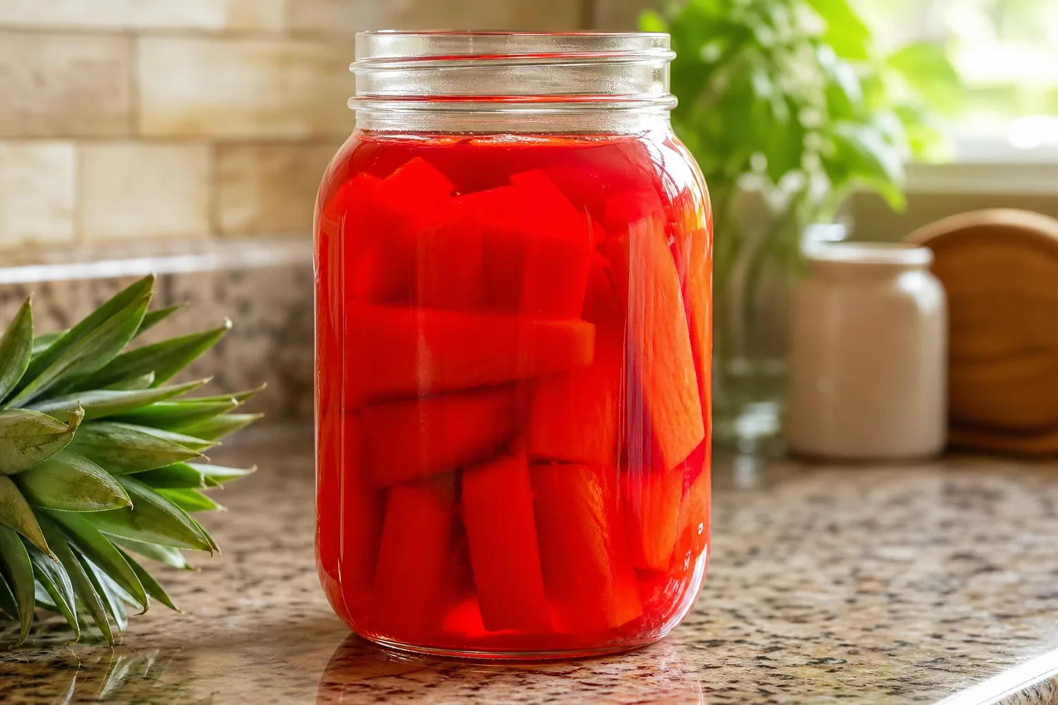 Bright red Kool-Aid liquid soaking fresh pineapple spears in a glass mason jar on a kitchen counter