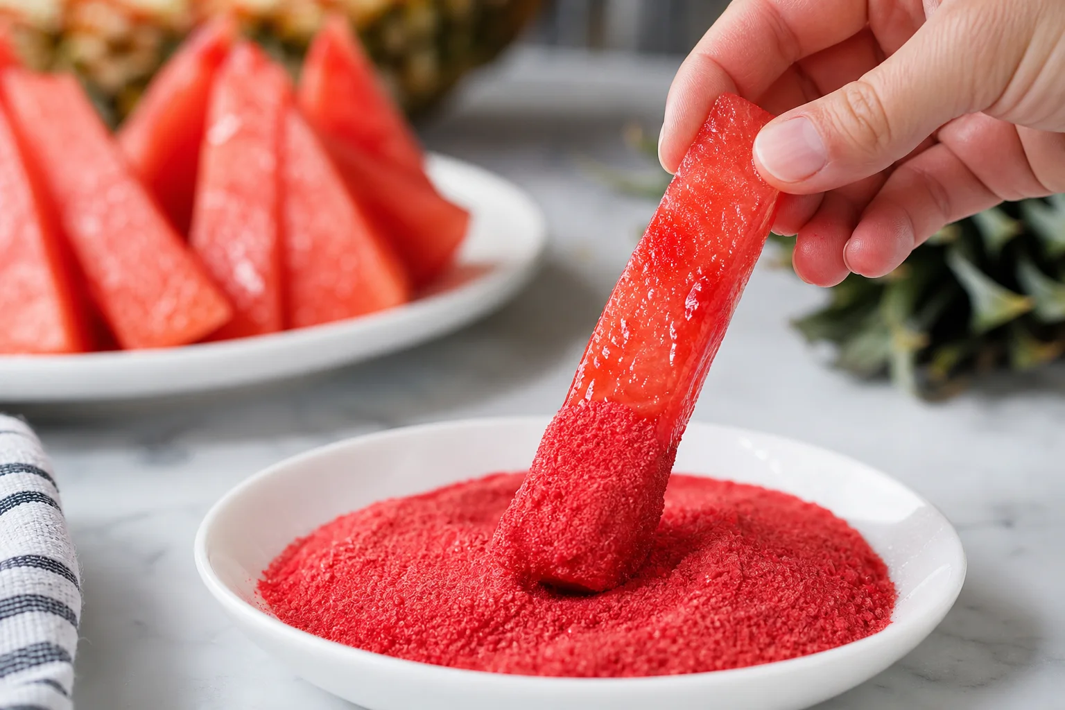 Hand dipping a red Kool-Aid pineapple spear into cherry Kool-Aid powder on a small white plate