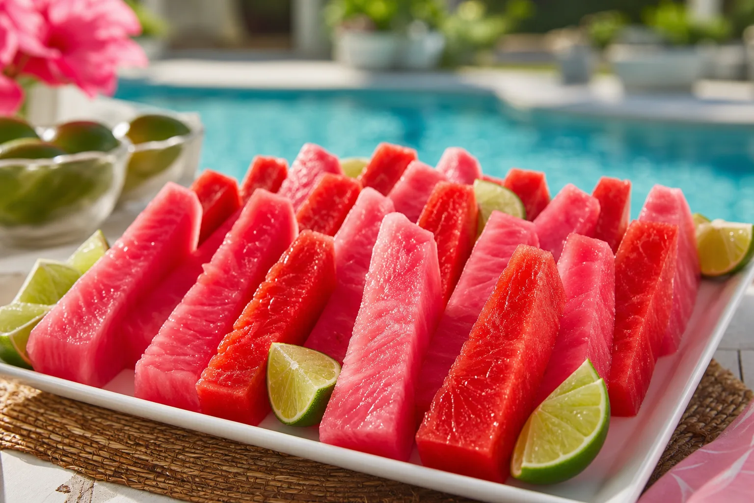 Colorful Kool-Aid pineapple spears served on a platter with lime wedges at a summer outdoor party