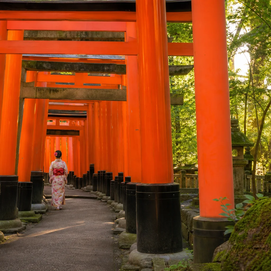 Fushimi Inari Shrine torii gates in Kyoto Japan during morning light