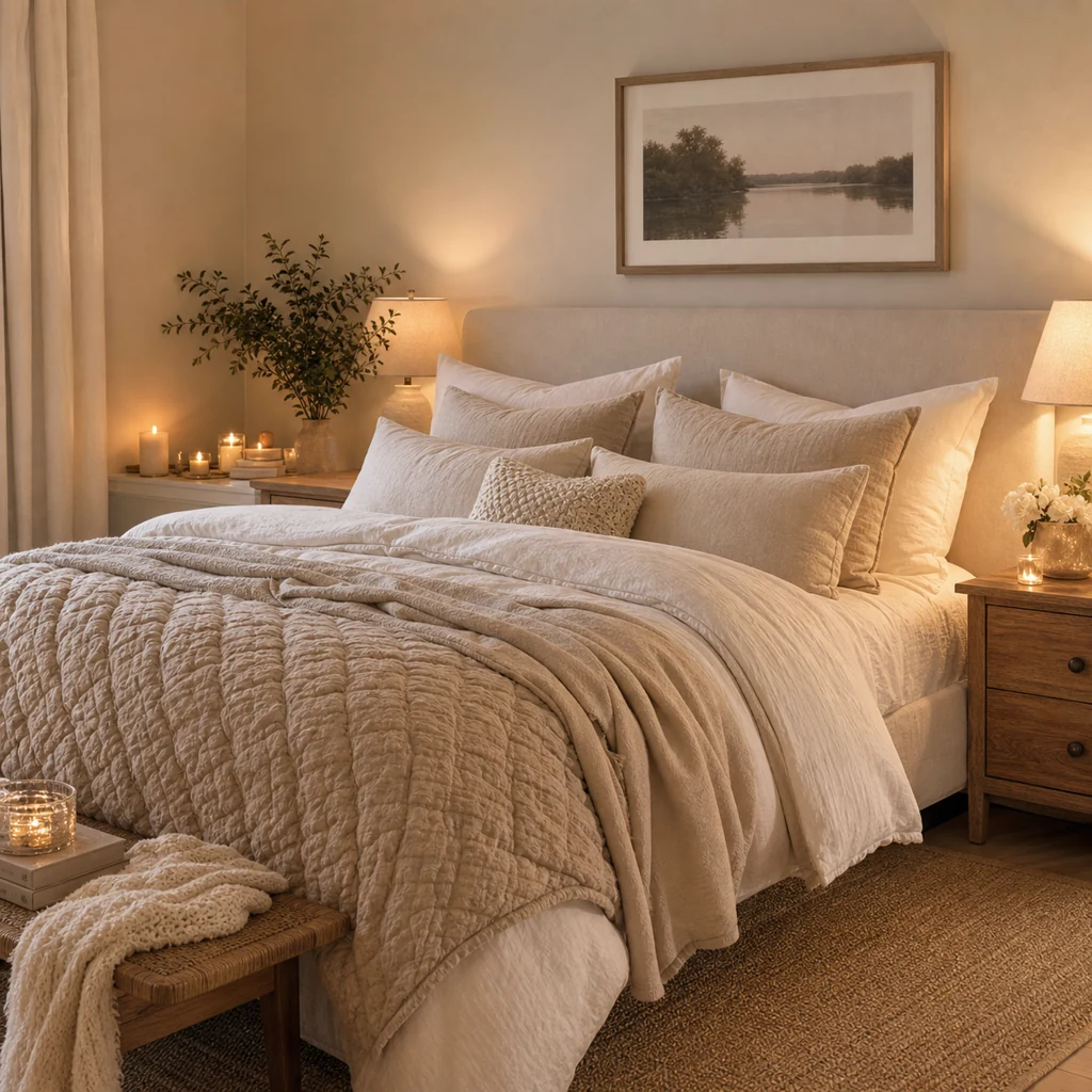 Cozy romantic bedroom with layered textured bedding