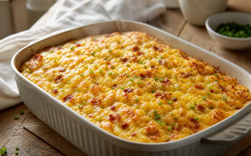 Golden baked 5-ingredient lazy weekend breakfast casserole in a ceramic baking dish