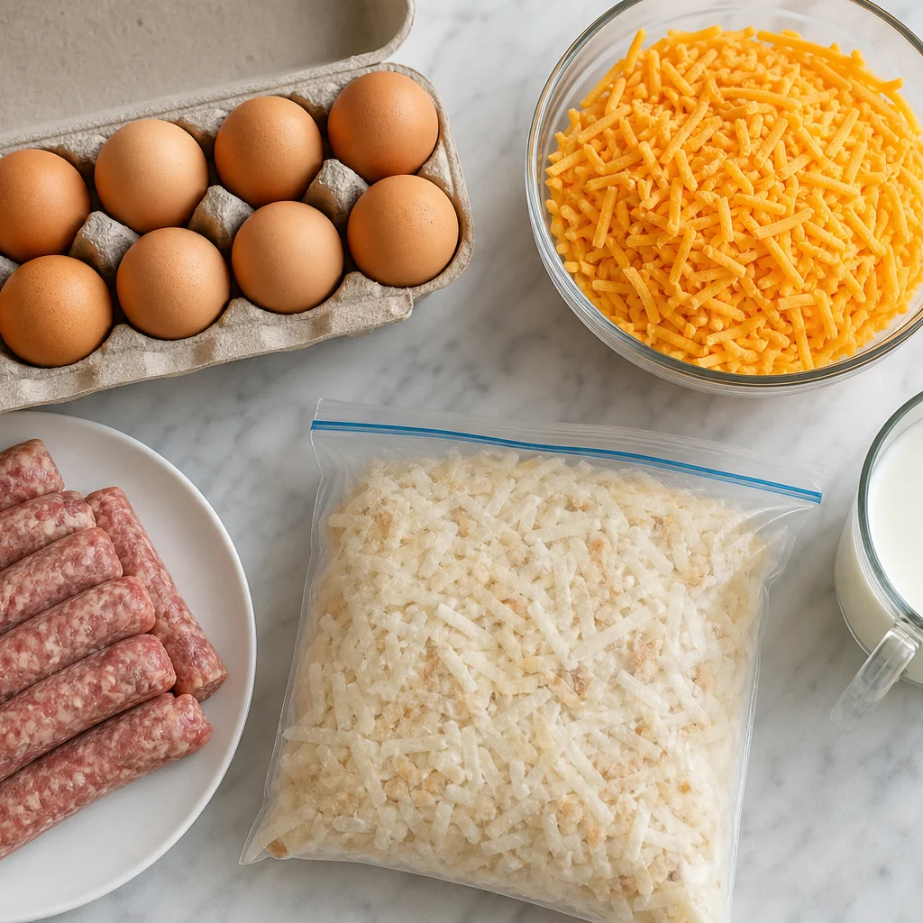 Five ingredients for lazy weekend breakfast casserole including eggs sausage cheese hash browns and milk