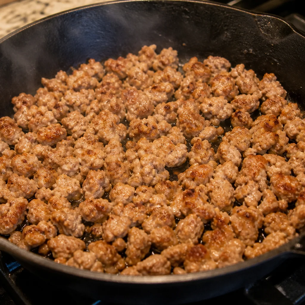 Step 2 browning breakfast sausage crumbles in a skillet