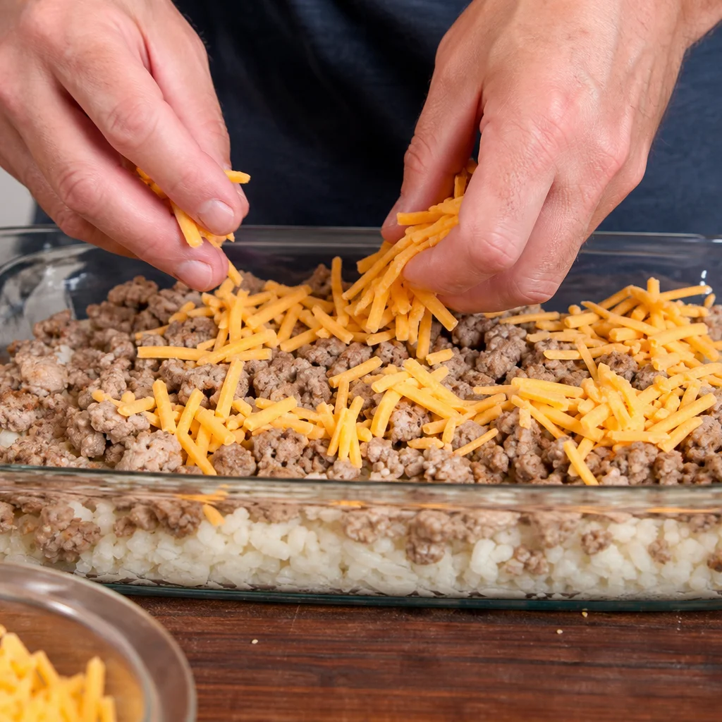 Step 3 layering hash browns sausage and cheese in a greased baking dish
