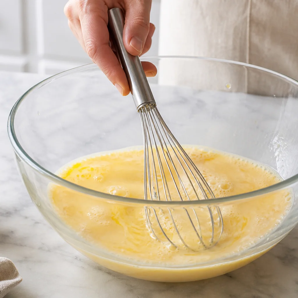 Step 4 whisking eggs and milk together for breakfast casserole