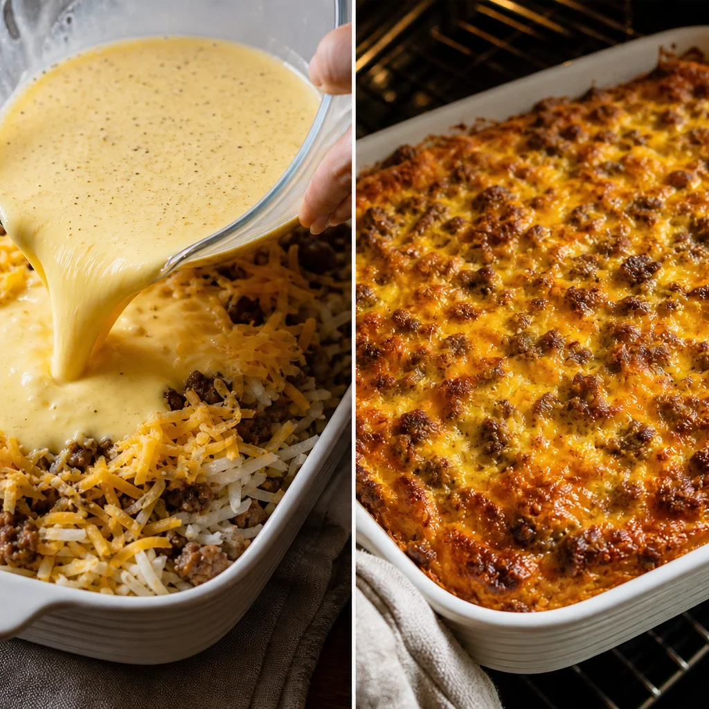 Step 5 pouring egg mixture over layered casserole before baking