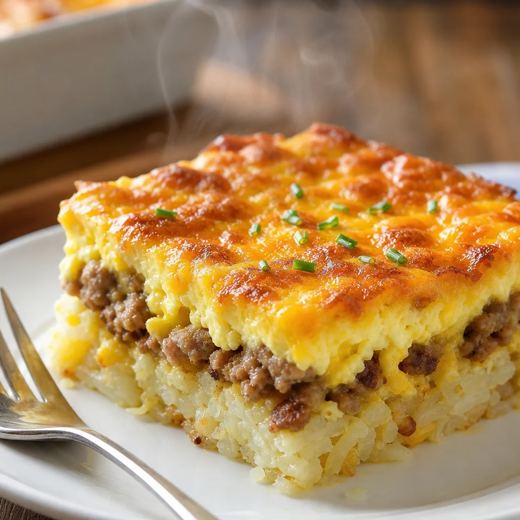Sliced golden lazy weekend breakfast casserole served on a plate