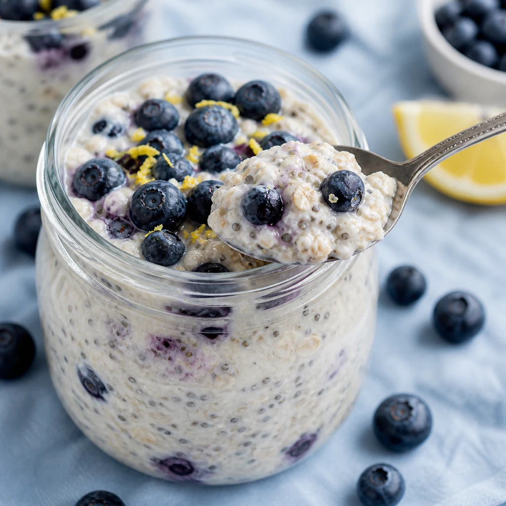 Close-up spoonful of creamy lemon blueberry overnight oats with fresh berries and lemon zest