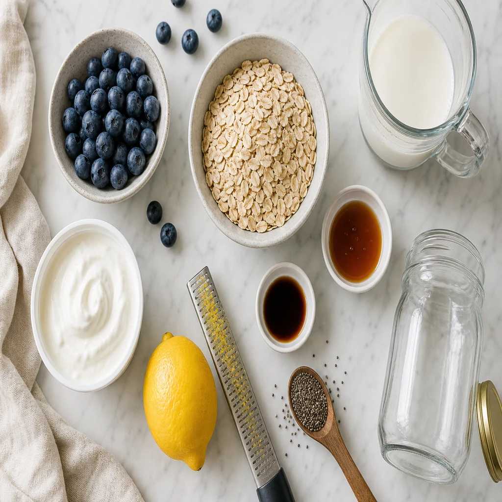Rolled oats Greek yogurt blueberries lemon chia seeds milk and mason jar for overnight oats prep