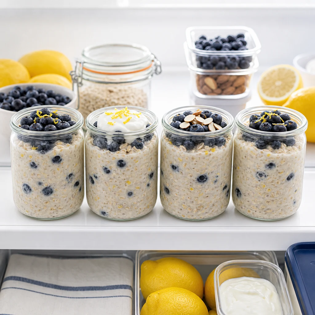 Several jars of lemon blueberry overnight oats prepared for busy weekday mornings