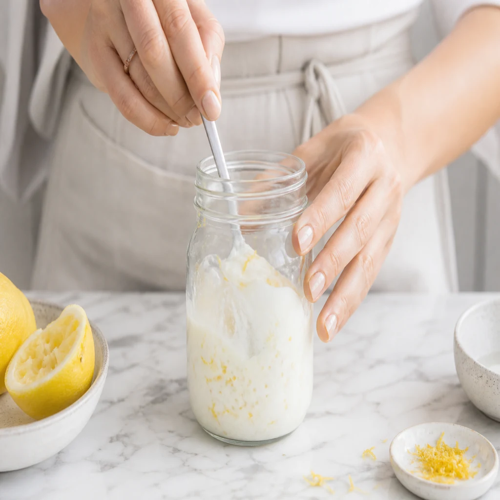 Stirring milk yogurt lemon zest and vanilla in a mason jar for overnight oats base