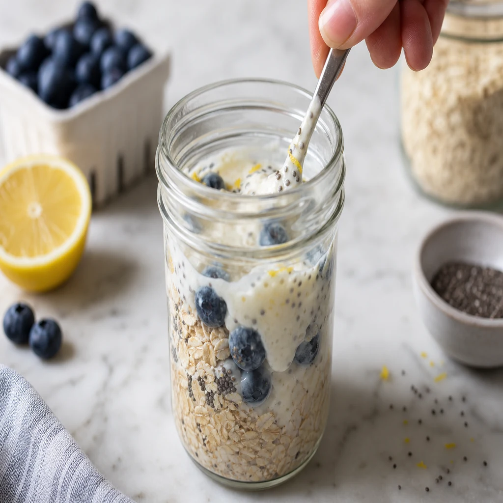 Adding rolled oats chia seeds and blueberries to lemon yogurt mixture in mason jar
