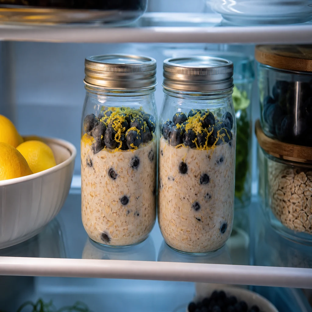 Mason jars of lemon blueberry overnight oats chilling on a refrigerator shelf